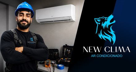 Técnico da New Clima ao lado de um ar-condicionado instalado, com o logotipo do lobo da marca.